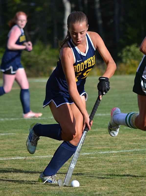 Moriah Smith dribbles to the offensive end of the pitch against Mt. View. Smith scored three goals in Boothbay's 7-0 win. KEVIN BURNHAM/Boothbay Register
