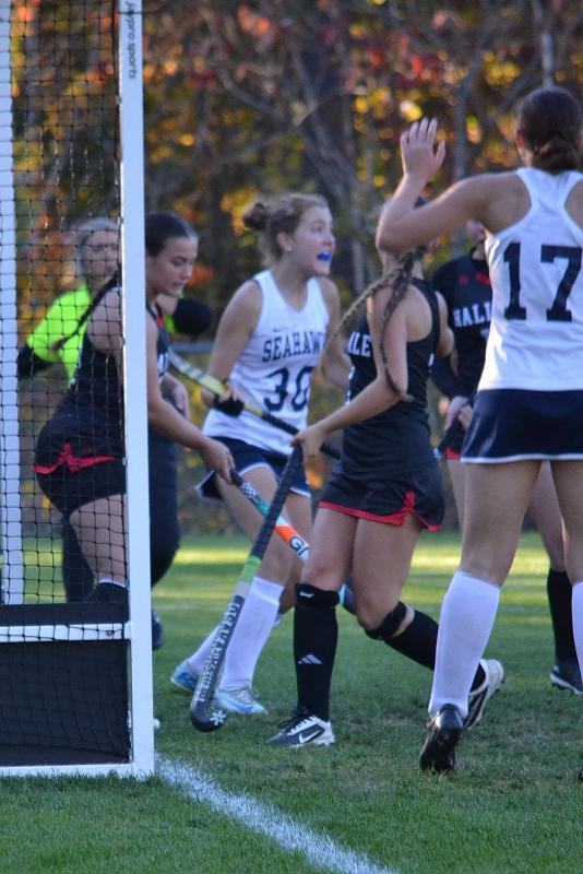 Olivia Hardwick smiles after scoring and giving Boothbay at 2-0 lead in the third quarter. KEVIN BURNHAM/Boothbay Register