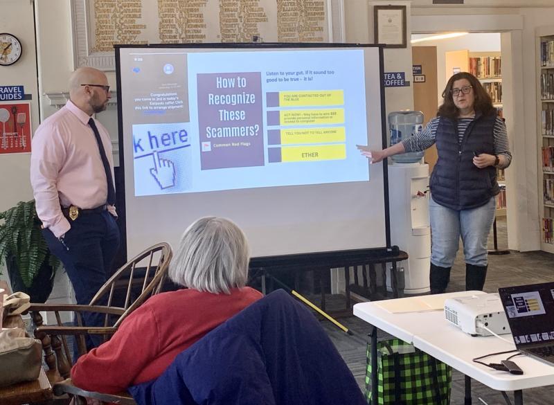 BHPD Chief Doug Snyder and Community Digital Navigator Julie Casson talk protecting yourself from scams. ISABELLE CURTIS/Boothbay Register