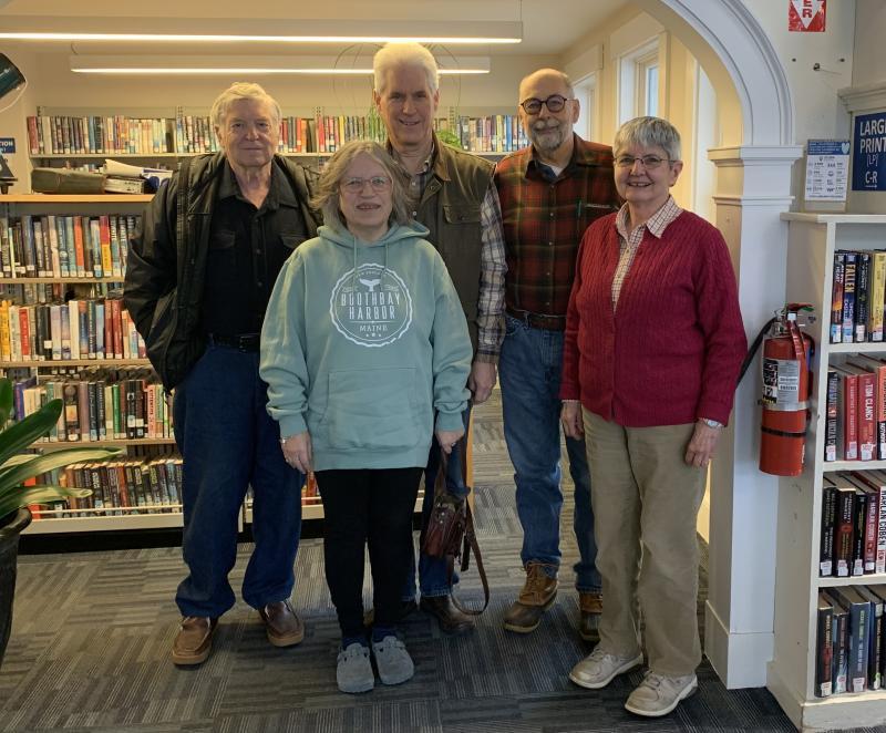 As the Used Bookstore prepares for another season, the Friends of the Library share their volunteer experiences. (from left) Greg Thornton, Joyce and Greg Walker, Fred Nehring and Jane Homer.  Not pictured: Brita Nilsson, Roberta Matchett, Meridith Watts, Gloria Taliana, Lee Hammond and Laurie McCammon. ISABELLE CURTIS/Boothbay Register