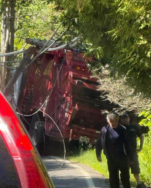 The dump truck that hit the utility pole on Route 96 on June 19. Facebook photo by Chrissa Marie