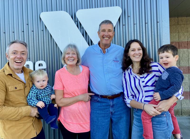 Pictured from left are Caleb Easton, Barrett Hodgdon, Cathy Hodgdon, Tim Hodgdon, Audrey Hodgdon, and Grant Hodgdon in front of the Y’s Harbor Montessori School at morning drop-off. Courtesy of Allyson Goodwin 