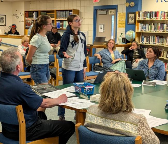 BRHS freshmen Moriah and Zuri Smith speak to the CSD School Committee about creating an environmental club. FRITZ FREUDENBERGER/Boothbay Register
