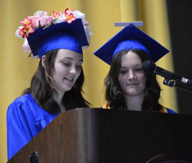Cameron Payson, left, and Rose Campbell present the class statistics. KEVIN BURNHAM/Boothbay Registe