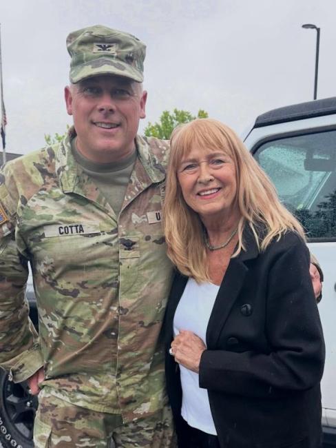 Colonel Shanon Cotta was awarded a Legion of Merit and retired after 32 years of service from the United States Army on Sept. 13 in Bangor, Maine. After the retirement ceremony, he stands with his mother Helga Cotta of South China, Maine. Courtesy photo