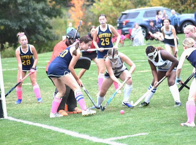 The Seahawks put pressure on Mountain Valley here in the first quarter but the Falcons prevailed in the scoring attempt and the game. KEVIN BURNHAM/Boothbay Register