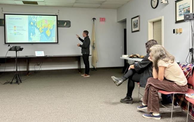 VHB Project Manager Luke Mitchell maps out areas of development in a draft Future Land Use Plan. Maine is one of the only states that require a FLUP as part of a comprehensive plan.  ISABELLE CURTIS/Boothbay Register