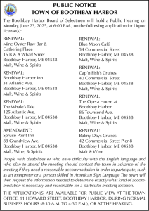 Town of Boothbay Harbor Public Hearing Liquor Licenses 6-23-25