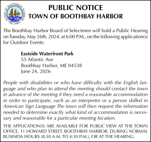 Town of Boothbay Harbor Outdoor Events Public Hearing  5-26-26
