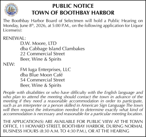 Town of Boothbay Harbor Public Hearing Liquor Licenses 6-8-26