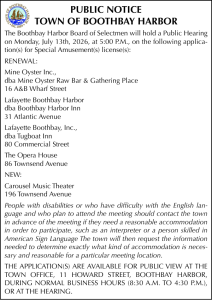 Town of Boothbay Harbor Public Hearing Special Amusement 7-13-26
