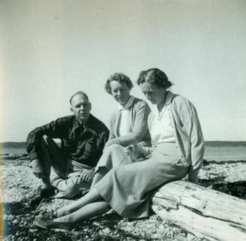 Stanley and Dorothy Freeman watch as their friend and Southport neighbor author Rachel Carson greets a squirrel. Below, Martha Freeman and Roger Christie as children, and Dorothy Freeman reads with Carson.