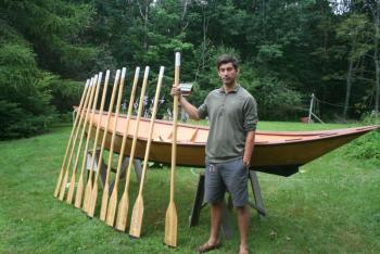 On oars he carved, Karl Berger tracked the time, date, coordinates and his thoughts and impressions of his 100-mile journey down the Columbia River in a boat he built. Below: one of the 20 inscribed oars. JOHN MAGUIRE/Boothbay Register On oars he carved, Karl Berger tracked the time, date, coordinates and his thoughts and impressions of his 100-mile journey down the Columbia River in a boat he built. JOHN MAGUIRE/Boothbay Register