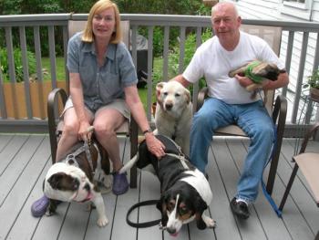 Marcia Potter and Fred Winterberg along with Summerfest Dog Parade contestants Hilda, Mizzie, Parker and Phoebe get ready for the big day on Saturday, July 28. 