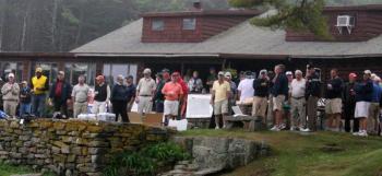 Golfers wait outside the club house at the Boothbay Country Club before the Boothbay Charities Classic tournament begins. RYAN LEIGHTON/Boothbay Register