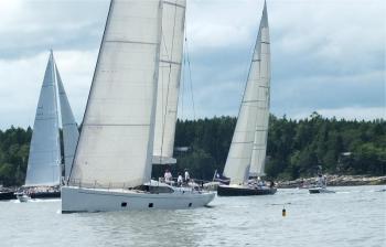 'Rapture,' front, which finished second in the Shipyard Cup, maneuvers around 'Virago,' left, and 'Whisper' during Saturday's race. 'Sheherazade,' below, the Hodgdon Yachts-built racing yacht, was the overall winner in the 2012 Shipyard Cup August 11-12. JOHN EDWARDS/Boothbay Register 'Rapture,' front, which finished second in the Shipyard Cup, maneuvers around Virago, left, and Whisper during Saturday's race. JOHN EDWARDS/Boothbay Register