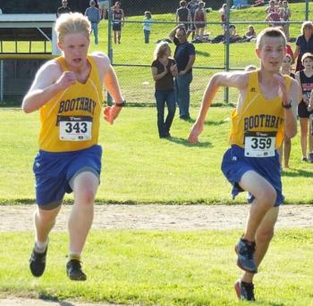Brady Duncan and David Machon sprint toward the finish line. The boys team earned third place out of five MVC teams at the September 12 meet hosted by Boothbay Region High School. RYAN LEIGHTON/Boothbay Register Brady Duncan and David Machon sprint toward the finish line. The boys team earned third place out of five MVC teams at the September 12 meet hosted by Boothbay Region High School. RYAN LEIGHTON/Boothbay Register