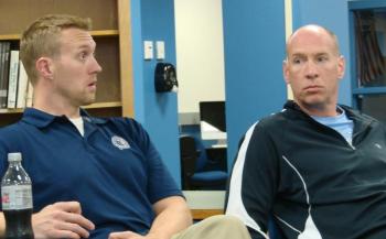 Boothbay Region High School Principal Dan Welch and Boothbay-Boothbay Harbor Consolidated School District board member Brian Blethen take part in a pivotal meeting of the high school's boosters club September 13. SUSAN JOHNS/Wiscasset Newspaper