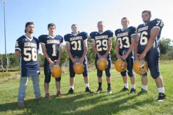 The Seahawks football team's six seniors, from left, Tommy Smith, Jesse Peters, Kameron Markee, Nate Colcord, Cormac Miller and Lincoln Simmons. KEVIN BURNHAM/Boothbay Register