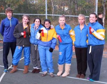 Lady Seahawks display their second place ribbons at the Mountain Valley Conference Championships. From left are Coach Nick Scott, Maya Schwehm, Sophia Thayer, Genevieve Taylor, Morgan Crocker and Allison Crocker. RYAN LEIGHTON/Boothbay Register