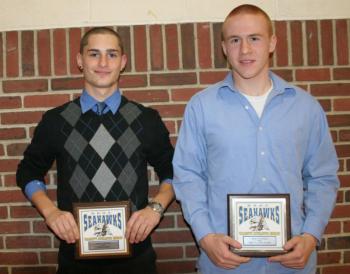 Football plaque winners, from left, Jesse Peters, coaches award; Cormac Miller, most valuable. Missing is Antonio Maulolo, most improved. KEVIN BURNHAM/Boothbay Register Football plaque winners, from left, Jesse Peters, coaches award; Cormac Miller, most valuable. Missing is Antonio Maulolo, most improved. KEVIN BURNHAM/Boothbay Register