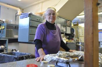 Ramona Gaudette is a familiar sight in the Southport Central School cafeteria, where she has worked for the last 55 years. She was recently honored with Southport's Spirit of America Award for her dedication to her community. BEN BULKELEY/Boothbay Register