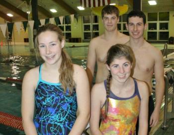 These Boothbay Region High School swimmers are competing independently with the Wiscasset High School/Lincoln Academy swim team this year. From left are, front, Samantha Carter, Nicole LaBrecque; back, Brad Tibbetts and Ethan Walker. KEVIN BURNHAM/Boothbay Register  