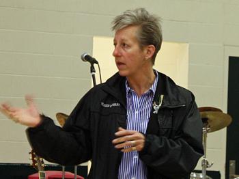 Maine State Prison Warden Patricia Barnhart inside the prison's gym during a Nov. 1 concert for the inmates. (Photo by Holly S. Edwards)