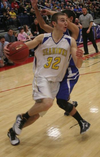 Anthony DiMauro gets a step on Madison's Derek LeBlanc on a drive to the hoop. KEVIN BURNHAM/Boothbay Register Anthony DiMauro gets a step on Madison's Derek LeBlanc on a drive to the hoop. KEVIN BURNHAM/Boothbay Register