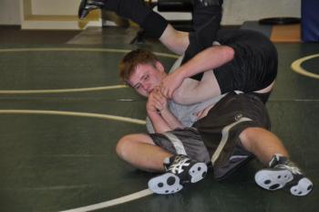 Howard Carter, left, puts Coach Don Waltz into a hold. BEN BULKELEY/Boothbay Register Howard Carter, left, puts Coach Don Waltz into a hold. BEN BULKELEY/Boothbay Register