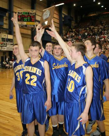 The proud Seahawks hold up their state runner-up trophy for Seahawk Nation. KEVIN BURNHAM/Boothbay Register