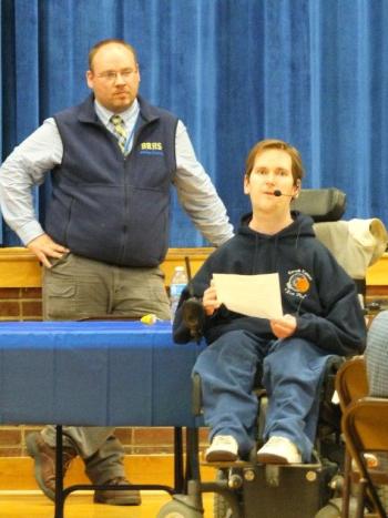 Tanner Grover, MVC coach of the year, thanks all the supporters of Seahawks basketball, while Allan Crocker looks on. RYAN LEIGHTON/Boothbay Register Tanner Grover, MVC coach of the year, thanks all the supporters of Seahawks basketball, while Allan Crocker looks on. RYAN LEIGHTON/Boothbay Register