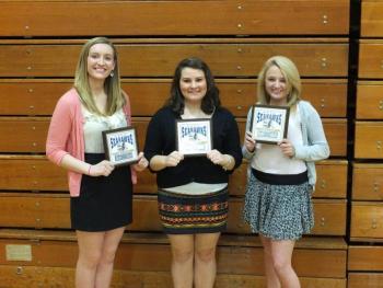 Cheerleaders Louise Monroe (coaches award) Alison Cook, (most improved) and Caroline Knapp, (most valuable player). This season the BRHS cheerleaders were the recipients of conference the spirit award. RYAN LEIGHTON/Boothbay Register Cheerleaders Louise Monroe (coaches award) Alison Cook, (most improved) and Caroline Knapp, (most valuable player). This season the BRHS cheerleaders were the recipients of conference the spirit award. RYAN LEIGHTON/Boothbay Register