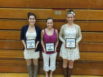 Nordic Skiing girls Sophia Thayer (most valuable), Shaylee Sibley (most improved) and Arden McSwain (coaches award). RYAN LEIGHTON/Boothbay Register Nordic Skiing girls Sophia Thayer (most valuable), Shaylee Sibley (most improved) and Arden McSwain (coaches award). RYAN LEIGHTON/Boothbay Register