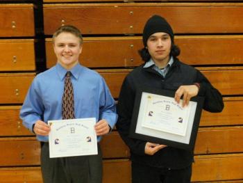 Wrestlers Howard Carter and Antonio Maulolo received certificates. Carter placed third at the regional, and Maulolo was the first state champion for BRHS since 1996. RYAN LEIGHTON/Boothbay Register Wrestlers Howard Carter and Antonio Maulolo received certificates. Carter placed third at the regional, and Maulolo was the first state champion for BRHS since 1996. RYAN LEIGHTON/Boothbay Register