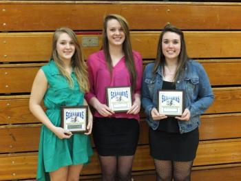 Lady Seahawks senior captains Sarah Caron, Alex Clarke and Allison Crocker all received the most valuable player award from coach Tanner Grover. Below, Grover, MVC coach of the year, thanks all the supporters of Seahawks basketball, while Allan Crocker looks on. RYAN LEIGHTON/Boothbay Register Lady Seahawks senior captains Sarah Caron, Alex Clarke and Allison Crocker all received the most valuable player award from coach Tanner Grover. RYAN LEIGHTON/Boothbay Register