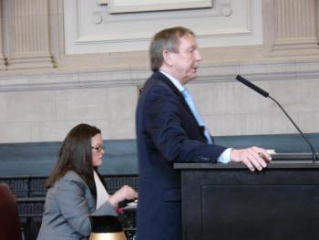  Steven Peterson addresses the Maine Supreme Judicial Court in Portland April 9. Seated at left is Assistant Attorney General Deborah Cashman. SUSAN JOHNS/Wiscasset Newspaper