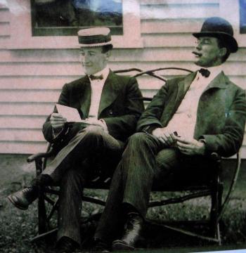 First Association president Dr. Edward A. Sprague (in straw hat), seated with long-time friend Dr. George Gregory. Sprague was a dentist whose office was across from the post office in Boothbay Harbor. Courtesy of the family of Dr. Sprague and Boothbay Region Historical Society First Association president Dr. Edward A. Sprague (in straw hat), seated with long-time friend Dr. George Gregory. Sprague was a dentist whose office was across from the post office in Boothbay Harbor. Courtesy of the family of Dr. Sprague and Boothbay Region Historical Society
