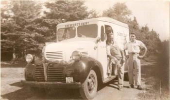 Cheeseboro's Dairy delivery truck with Jim Chesebro and Jerry Hyson, circa 1940. Courtesy of the Boothbay Region Historical Society