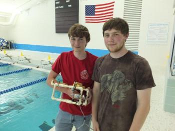 Alex Owen and Dan Murray are headed to Indiana to compete with their submersible robot at the National Seaperch Challenge on May 18.  RYAN LEIGHTON/ Boothbay Register