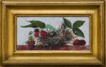  “Wren’s nest with raspberries,” a 4 by 8-inch oil on panel by Genetta McLean. Courtesy of Mathias Fine Art