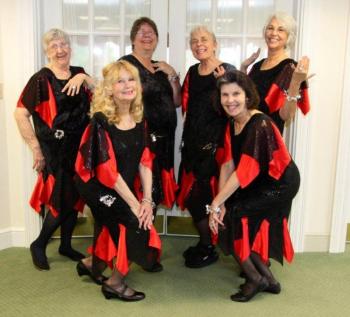 These ladies recreate the Charleston, the signature dance of the 1952 film "Has Anybody Seen My Gal." Pictured from left are, back row: Carolyn Gray, Catherine Rolerson, Polly Steadman and Carolyn Maunz; front row: Viola Glendinning and Sally Kinney. Courtesy of Carol Teel These ladies recreate the Charleston, the signature dance of the 1952 film "Has Anybody Seen My Gal." Pictured from left are, back row: Carolyn Gray, Catherine Rolerson, Polly Steadman and Carolyn Maunz; front row: Viola Glendinning and Sally Kinney. Courtesy of Carol Teel