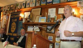 Ted Foss talks about his exploits with George McEvoy as McEvoy listens to the details. KEVIN BURNHAM/Boothbay Register Ted Foss talks about his exploits with George McEvoy as McEvoy listens to the details. KEVIN BURNHAM/Boothbay Register