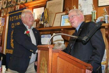 McEvoy shakes his college roommate Ben English's hand. KEVIN BURNHAM/Boothbay Register McEvoy shakes his college roommate Ben English's hand. KEVIN BURNHAM/Boothbay Register