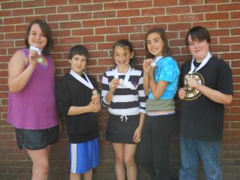 Bronze medal winners are, from left, Kelsey Poore, Michael Hollowell, Chloe Arsenault, Ella Yentsch and Jack Buthy met their step goals at least four times a week for five weeks as part of the pedometer program. Photos courtesy of Rita Arnold
