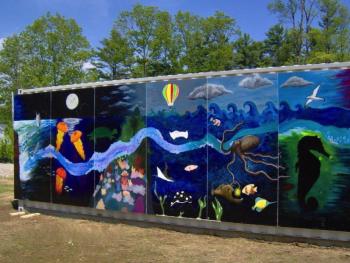 This mural done by Lincoln Academy art students now decorates a maintenance pod at Sheepscot Harbour Village & Resort in Edgecomb. Courtesy of Kathlene Long