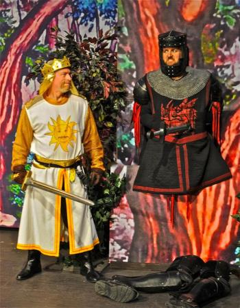 The Black Knight (Alan Baldwin) tries to convince King Arthur (John Adams) that he only has a “flesh wound” in the Boothbay Playhouse production of “Spamalot.” The show is rated PG-13 and runs June 27 through July 13. Tickets are $23 for adults, $19 for children 17 years old or younger and can be purchased at the Boothbay Playhouse box office or by calling 207-633-3379. Courtesy of Boothbay Playhouse The Black Knight (Alan Baldwin) tries to convince King Arthur (John Adams) that he only has a “flesh wound” in the Boothbay Playhouse production of “Spamalot.” The show is rated PG-13 and runs June 27 through July 13. Tickets are $23 for adults, $19 for children 17 years old or younger and can be purchased at the Boothbay Playhouse box office or by calling 207-633-3379. Courtesy of Boothbay Playhouse