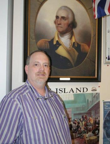 Normand L'Heureux in his classroom at Boothbay Region High School. KEVIN BURNHAM/Boothbay Register