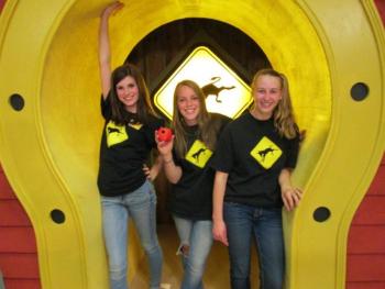 Angelique Perkins, left, will again compete on the WPXT game show, “Kick Start Maine,” with the first showing of the episode airing Thursday, June 6 at 7:30 p.m. Classmates Anna Sirois (center) and Emma Rideout (right) will provide the opening and closing comments on the show. Courtesy of WPXT