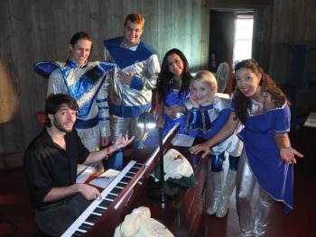 The Rocket Man cast rehearses with new Music Director Paolo Perez. LISA KRISTOFF/Boothbay Register